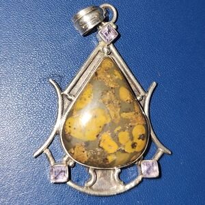 Silver 925 Teardrop Fruit Jasper Pendant with Amethyst